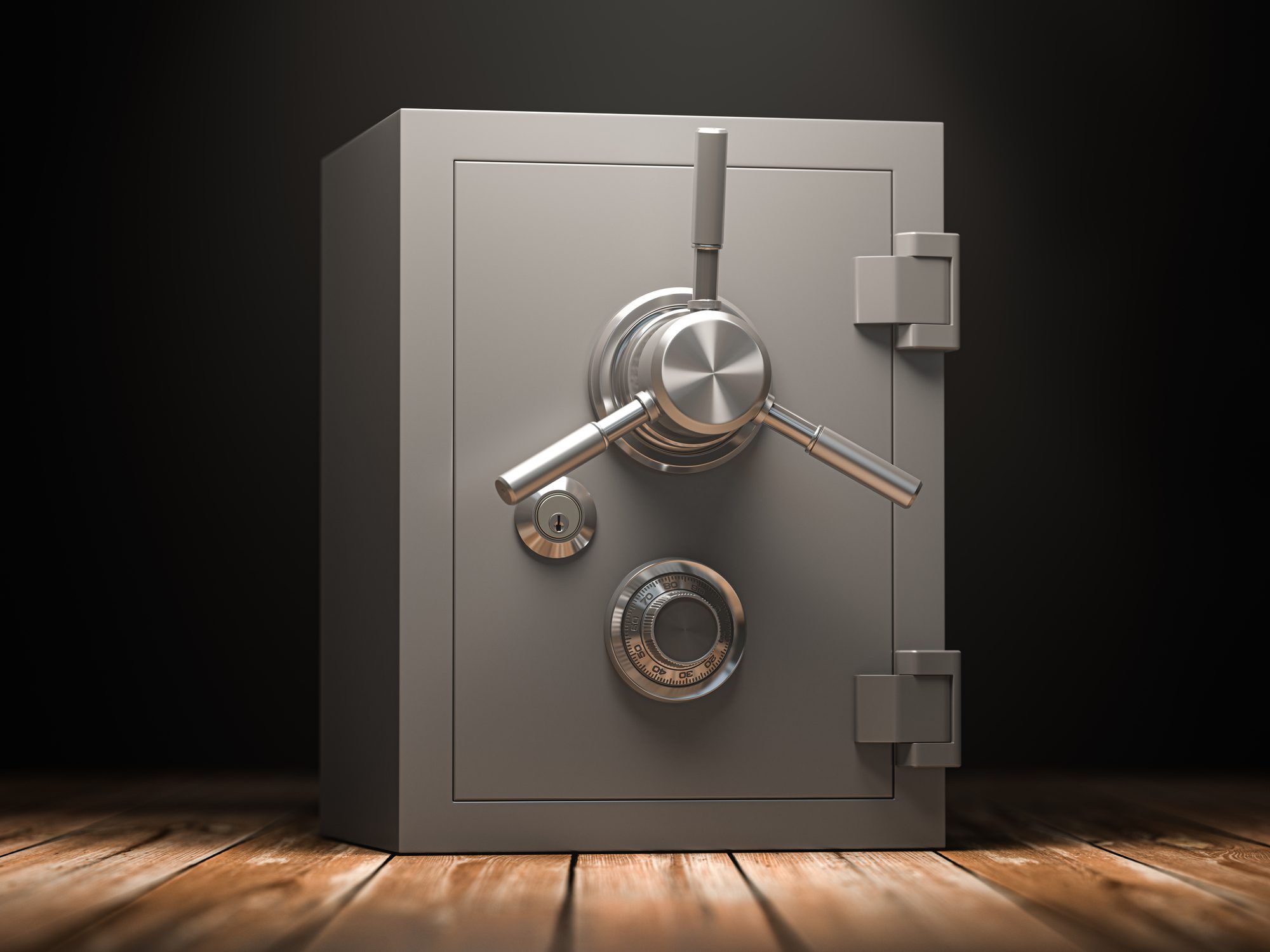 Bank vault safe in dark rooom.. Security and protection. 3d illustration